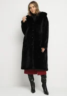 Płaszcze damskie - Czarny Płaszcz Pluszowy z Kapturem Zereta - miniaturka - grafika 1