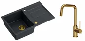Zlewozmywaki z baterią - Quadron Zlewozmywak granitowy jednokomorowy 78*50*22 cm z ociekaczem MORGAN 111 BLACK DIAMOND ze złotym odpływem z baterią NATALIE Q LINE kolor złoty - miniaturka - grafika 1