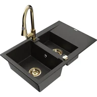 Zlewozmywaki z baterią - Mexen Gaspar zlewozmywak granitowy 1,5-komorowy z ociekaczem i baterią kuchenną Elia, czarny/złoty metalik - miniaturka - grafika 1