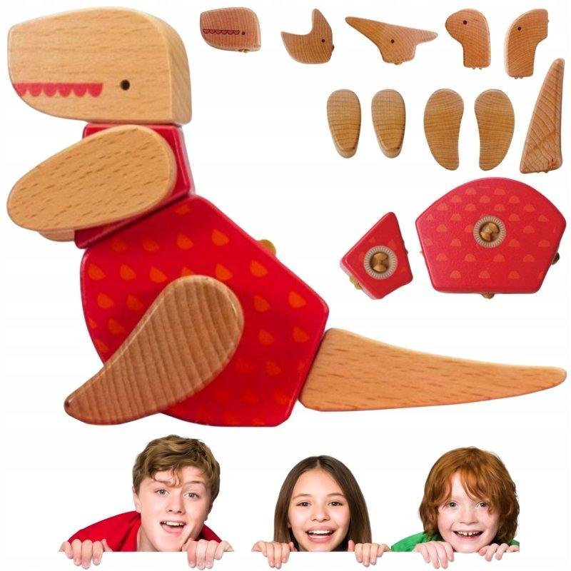 Klocki drewniane RÓŻNE DINOZAURY dla dzieci EKOLOGICZNE łatwe łączenie 3+