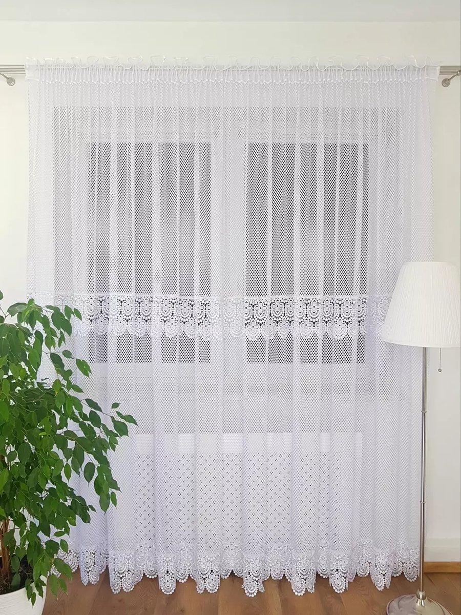 DŁUGA FIRANA GOTOWA Z PODWÓJNĄ GIPIURĄ BIAŁA FIRANKI DO SALONU 400X250CM