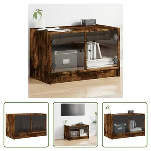 The Living Store Szafka pod telewizor ze szklanymi drzwiami dąb wędzony 68x37x42 cm - Szafki RTV - miniaturka - grafika 1