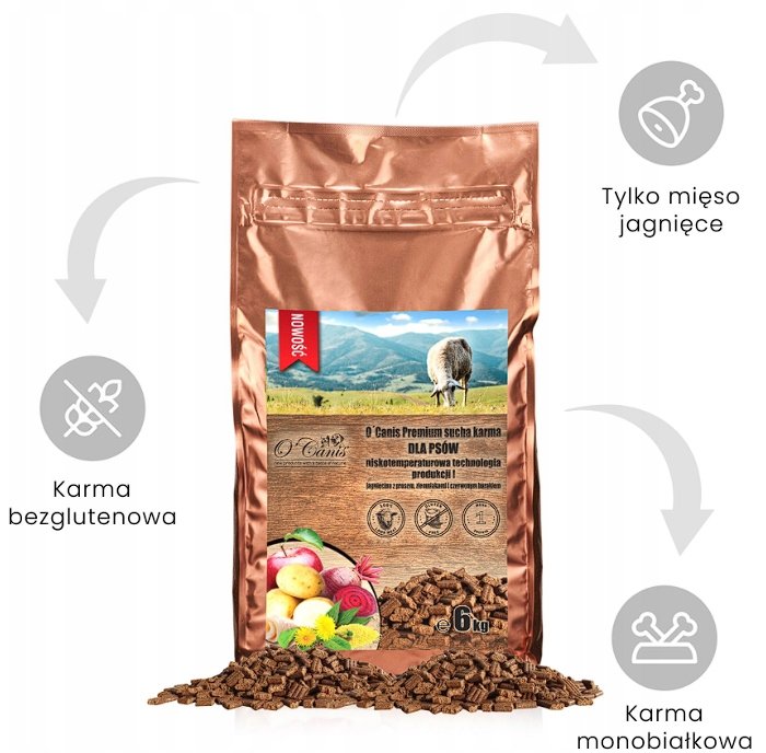 O'Canis Sucha Karma Premium Dla Psa Z Jagnięciny Z Prosem, Kartoflami, Czerwonym Burakiem Oraz Jabłkiem 6Kg