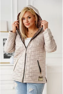 Kurtki damskie - Jasnobeżowa pikowana kurtka wiosenna z karmelowym wzorem i kapturem - Bridget - XL-ka - grafika 1