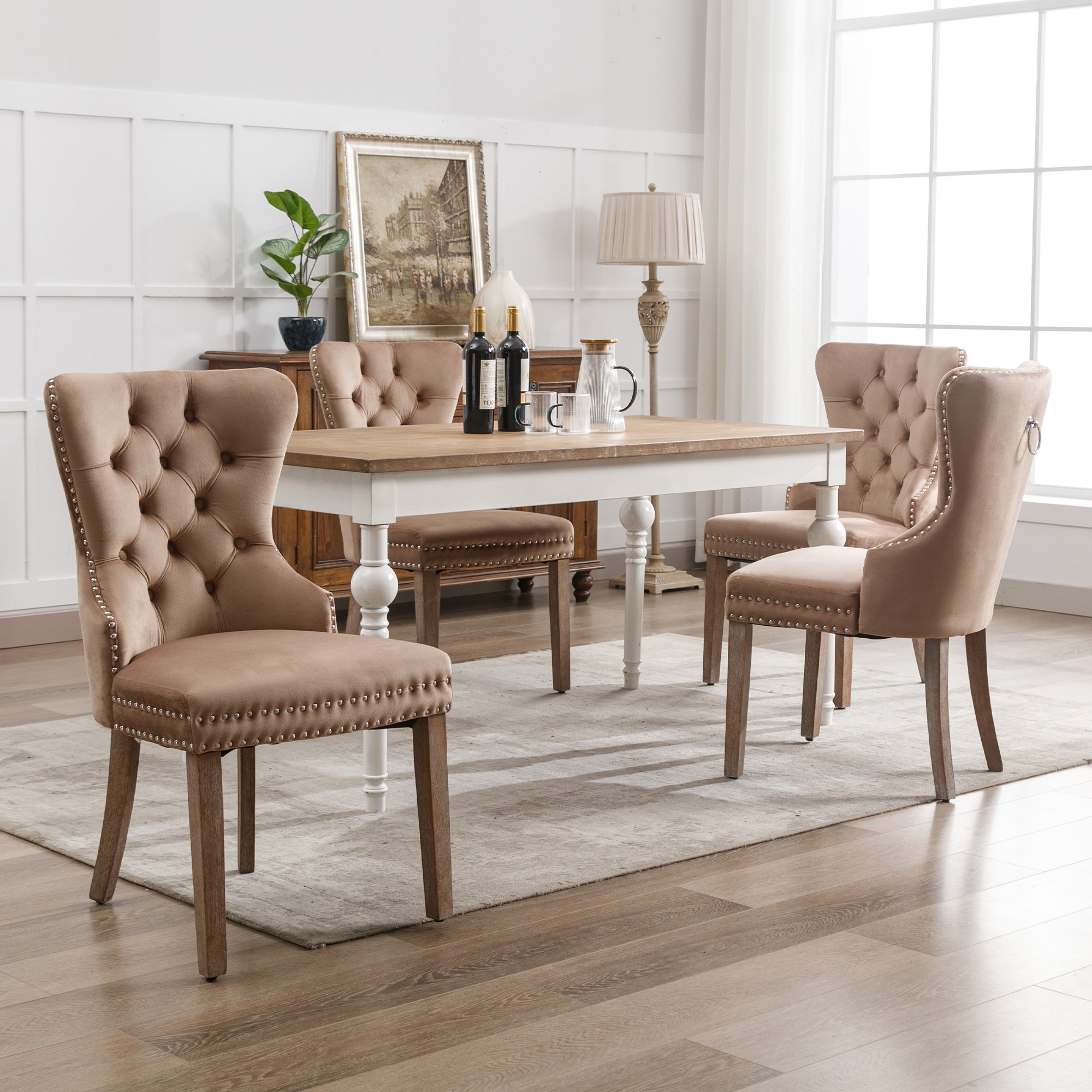 Zestaw 4 krzeseł do jadalni Flieks, krzesło kuchenne z nogami z litego drewna i pierścieniem ściągającym, tapicerowane krzesło do jadalni z aksamitnym pokryciem, brązowe