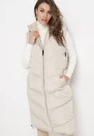 Kamizelki damskie - Jasnobeżowa Długa Kamizelka Dwustronna z Pikowaniem i Futerkiem Caltu - miniaturka - grafika 1