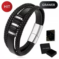 Bransolety męskie - Skórzana Bransoletka Męska Czarna Tytanowa Grawer - miniaturka - grafika 1