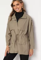 Kurtki damskie - Beżowa Kurtka Parka z Bawełną Ściągana w Pasie Troczkiem Zapinana na Napy Velethra - miniaturka - grafika 1
