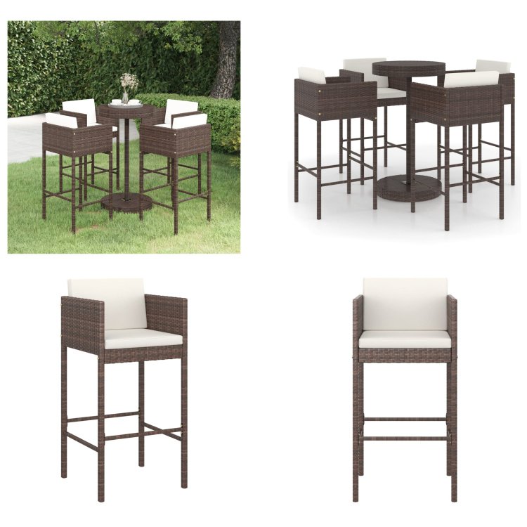 vidaXL 5-częściowy ogrodowy zestaw barowy z poduszkami z rattanu w kolorze brązowym - ogrodowy zestaw barowy - ogrodowy zestaw barowy - ogrodowy zestaw jadalny - ogrodowe zestawy jadalne