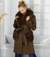 Płaszcze damskie - Elegancki damski płaszcz z ozdobnym futrem CRYSTAL-M - miniaturka - grafika 1