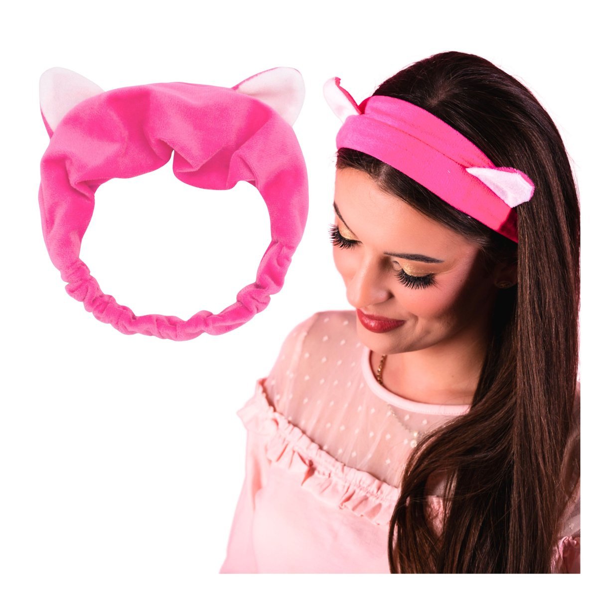 Opaska Kosmetyczna Różowa do Makijażu Szeroka Kocie Uszy Elastyczna Miękka