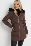 Kurtki damskie - Brązowa Kurtka Płaszcz z Pikowaniem i Futrzanym Kapturem Navimesa - miniaturka - grafika 1