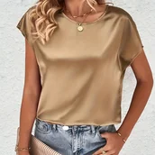 Koszule damskie - TEMU Elegancka Letnia Nowość Lekka Prosta Modna Jednokolorowa Okrągły Dekolt Satynowa Bluzka z Rękawami Nietoperz dla Kobiet - miniaturka - grafika 1