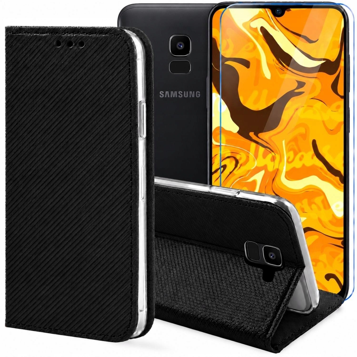 Hello Case Etui z Klapką Do Samsung Galaxy J6 2018 Czarne, Zamykane, Kabura Szkło BNDL3358