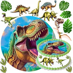 OPŁATEK NA TORT DINOZAUR + TEKST + POSTACIE JADALNA DEKORACJA - Batoniki - miniaturka - grafika 1