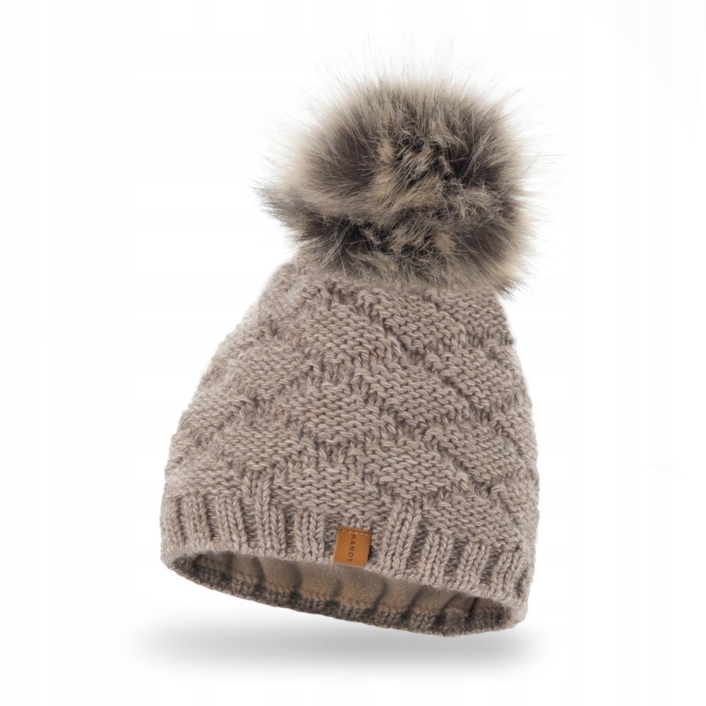 Nandy, Czapka damska na polarze z pomponem, beżowa