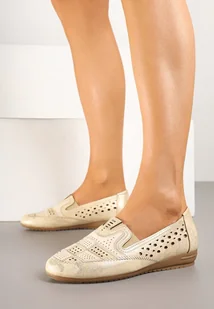 Złote Ażurowe Półbuty Metaliczne na Niskim Koturnie ze Skórzaną Wkładką Marailena - Półbuty damskie - miniaturka - grafika 1