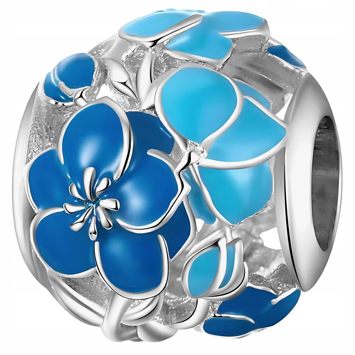 Charms Srebrny Koralik Emalia z Kwiatami Niebieski Kwiat SREBRO 925
