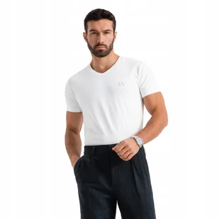 Męski biały t-shirt v-neck slim fit bawełna Ombre OM-TSBC-0221 V2 roz. L - Koszulki męskie - miniaturka - grafika 1