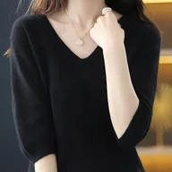 Swetry damskie - TEMU Elegancki Sweter Damski z Dekoltem w Serek i Pół-Zamki - Miękka Beżowa Bluzka o Kształcie H, Krótki Rękaw, Średnio Elastyczny Top na Wszystkie - miniaturka - grafika 1