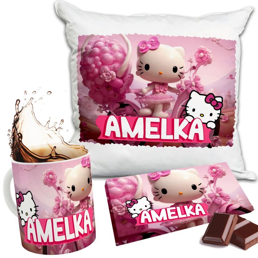Zestaw HELLO KITTY Kubek + Poduszka + Czekolada + Imię Prezent Nadruk