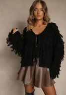 Swetry damskie - Czarny Kardigan z Wiązaniem i Frędzlami z Domieszką Wełny i Wiskozy Tiseana - miniaturka - grafika 1