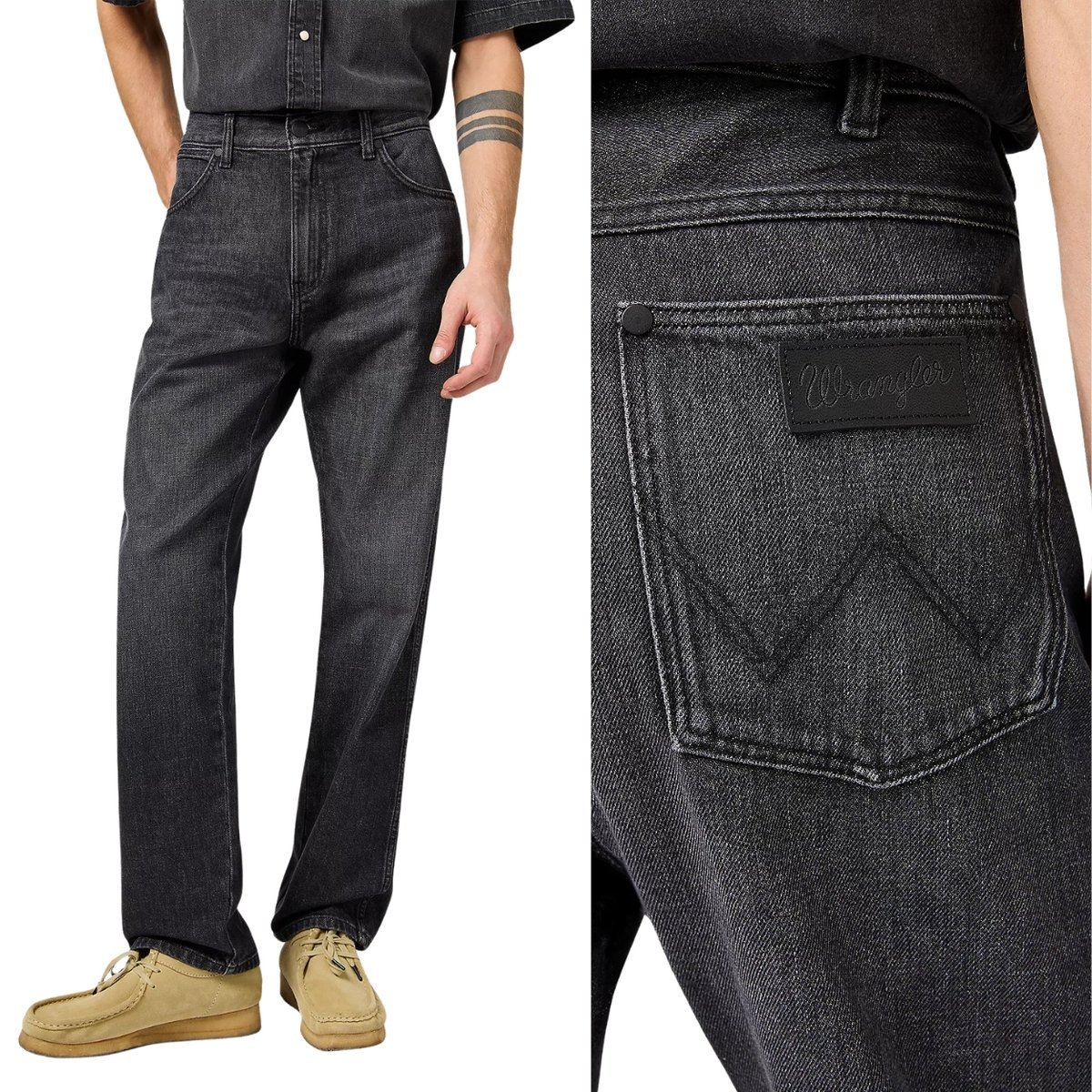 Wrangler FRONTIER luźne czarne proste spodnie jeansowe bez streczu W30 L30