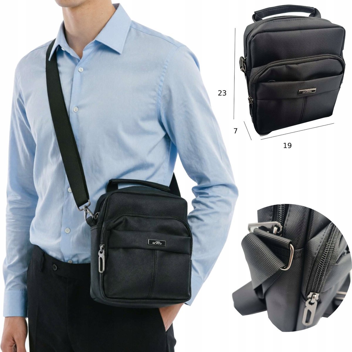 SASZETKA MĘSKA CZARNA NA RAMIĘ MAŁA WODOODPORNA TORBA NERKA Z KIESZONKAMI