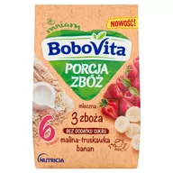 Kaszki dla dzieci - Bobovita Porcja Zbóż Kaszka mleczna 3 zboża malina truskawka 210 g 5900852041150 - miniaturka - grafika 1
