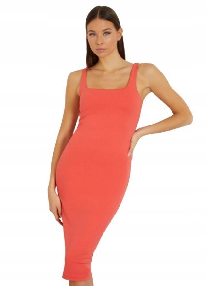 GUESS GŁADKA KORALOWA SUKIENKA NA RAMIĄCZKACH PROSTA L GNA