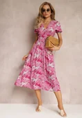 Sukienki - Fuksjowa Wiskozowa Sukienka Midi z Krótkimi Rękawami i Głębokim Dekoltem Emsle - miniaturka - grafika 1