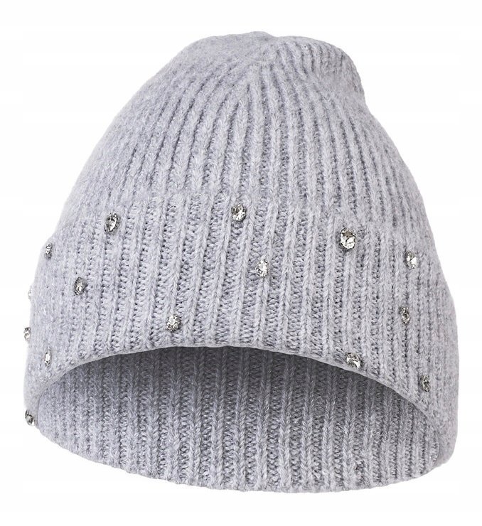 Ciepła Czapka Damska Jesienna Zimowa Z Błyszczącymi Kryształkami Moraj Grey