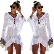 Bluzki damskie - LETNIA SUKIENKA PLAŻOWA LUŹNA TUNIKA DAMSKA ASYMETRYCZNA KORONKA BOHO PAREO - miniaturka - grafika 1