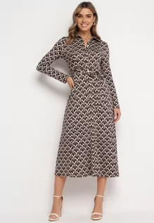 Sukienki - Brązowa Sukienka Koszulowa Midi w Geometryczny Wzór z Paskiem Anelfi - grafika 1