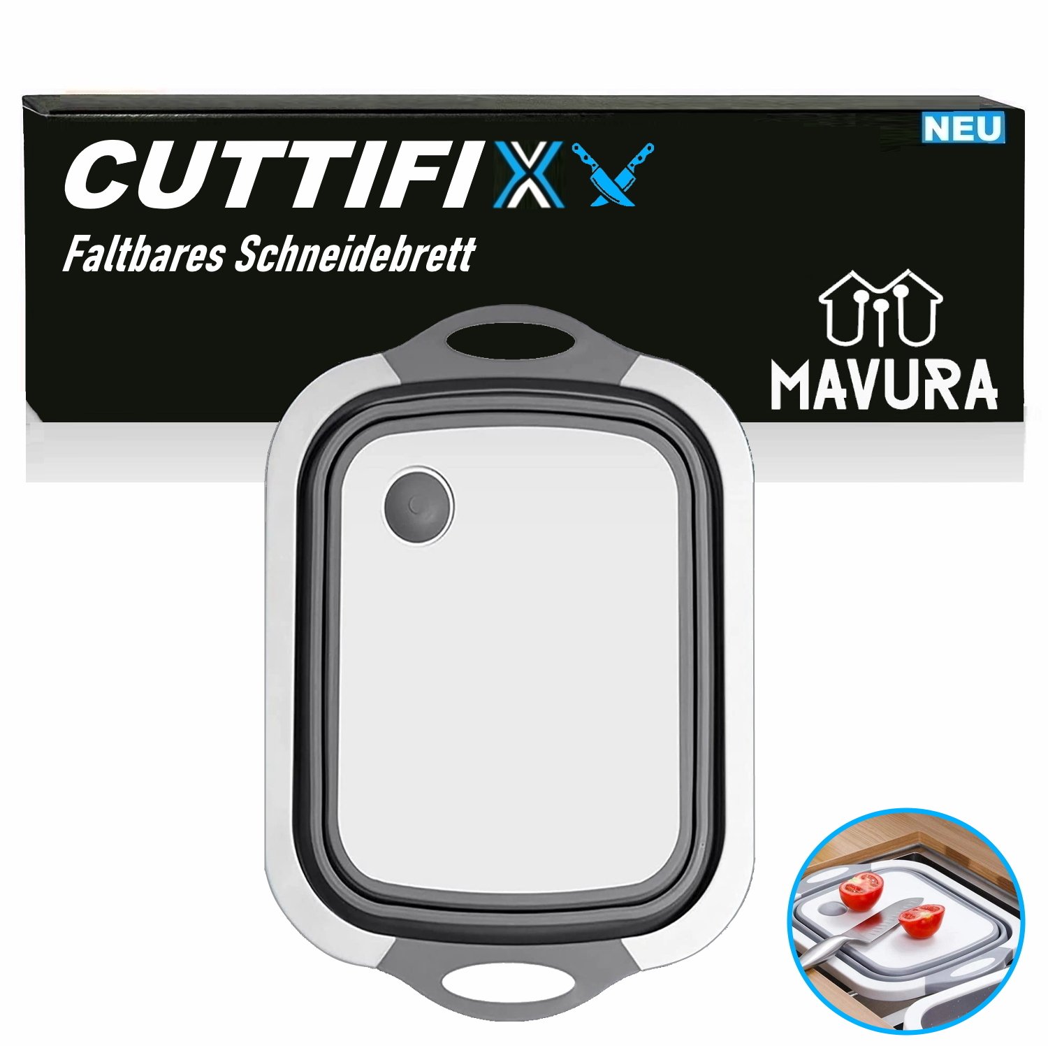 CUTTIFIX Składana deska do krojenia z trójfunkcyjnym sitem wielofunkcyjnym