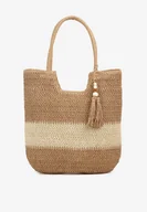 Torebki damskie - Ciemnobeżowa Torebka na Ramię Ozdobiona Frędzlem i Plecionką Rinaluna - miniaturka - grafika 1