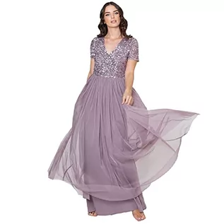 Sukienki - Maya Deluxe Women's V Neckline Embellished V Neck Maxi Dress Short Sleeve Empire Waist Prom Graduation Bridesmaid Wedding Guest Sukienka dla druhny Kobieta, Moody Lilac, 20 - grafika 1