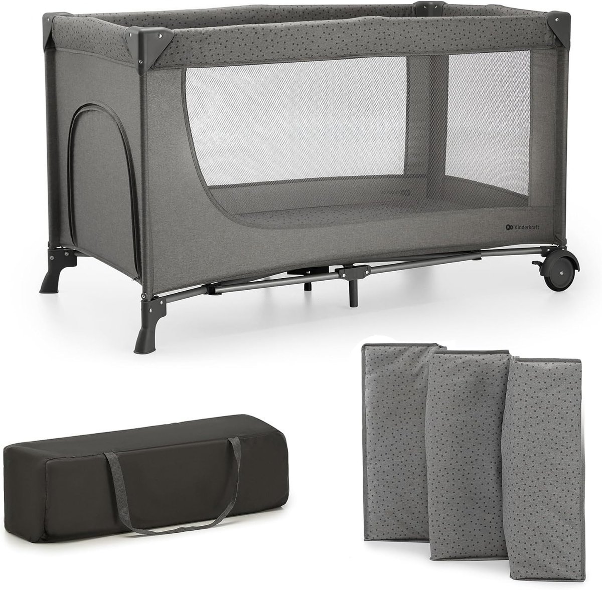 ŁÓŻECZKO TURYSTYCZNE 2W1 SKŁADANE Z WEJŚCIEM BOCZNYM I TORBĄ SZARE