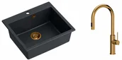 Zlewozmywaki z baterią - Quadron Zlewozmywak granitowy jednokomorowy 57*50*22 cm MORGAN 110 BLACK DIAMOND z miedzianym odpływem z baterią JENNIFER Q LINE SLIM z wyciąganą wylewką i funkcją prysznica kolor miedziany - miniaturka - grafika 1