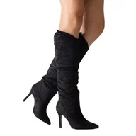 Kozaki damskie - Czarne kozaki na szpilce z marszczeniem Aine - ButyModne - miniaturka - grafika 1