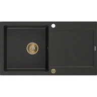 Zlewozmywaki - Mexen Leo zlewozmywak granitowy 1-komorowy z ociekaczem 900 x 500 mm, czarny/złoty metalik, syfon złoty - miniaturka - grafika 1
