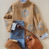 Swetry damskie - TEMU Sweter Damski Elegancki - Luźny Fason z Długim Rękawem, Kolorowy Blok Brązowo-Niebieski na Wiosnę/Jesień, Codzienny i Formalny Styl, Okrągły - miniaturka - grafika 1