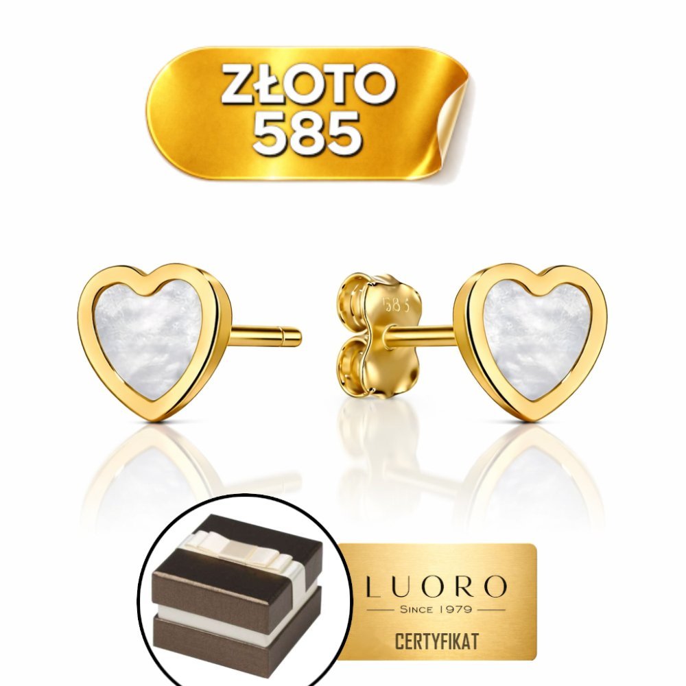 KOLCZYKI ZŁOTE 585 14K SERCA MASA PERŁOWA SZTYFT 8 MM ELEGANCKIE PREZENT