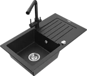Zlewozmywaki z baterią - Mexen Pablo zlewozmywak granitowy 1-komorowy z ociekaczem i baterią kuchenną Duero, czarny/srebrny metalik - 6510-73-671600-70 - miniaturka - grafika 1