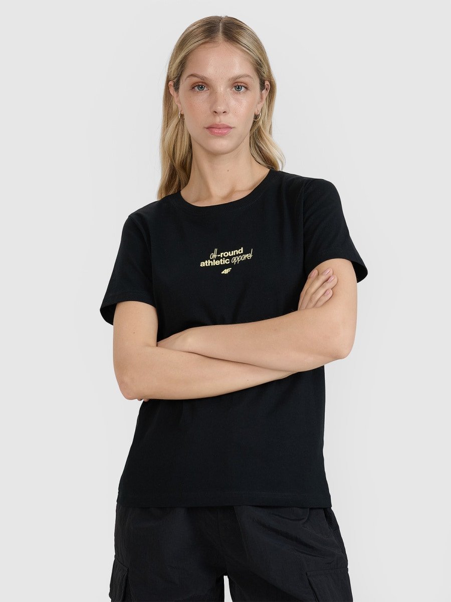 T-shirt regular z nadrukiem damski 4F 4FRSS25TTSHF2786-20S Czarny XS