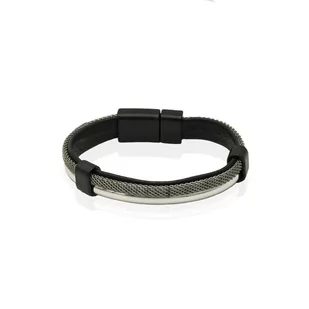 Bransoletka skórzana czarna z elementem metalowym EM 23 - EM Men's Accessories - Bransolety męskie - miniaturka - grafika 1