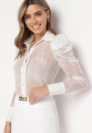 Koszule damskie - Biała Koronkowa Koszula z Przezroczystego Materiału Ozdobiona Cekinami Meligura - miniaturka - grafika 1