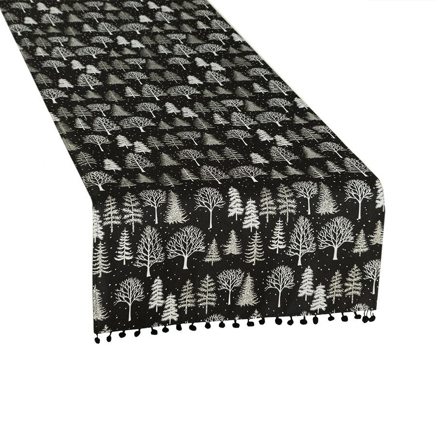 Bieżnik świąteczny z pomponami 40x140 Zimowa magia czarny 010