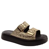 Klapki i japonki damskie - Vinceza 79508 klapki damskie skórzane na platformie złote - miniaturka - grafika 1