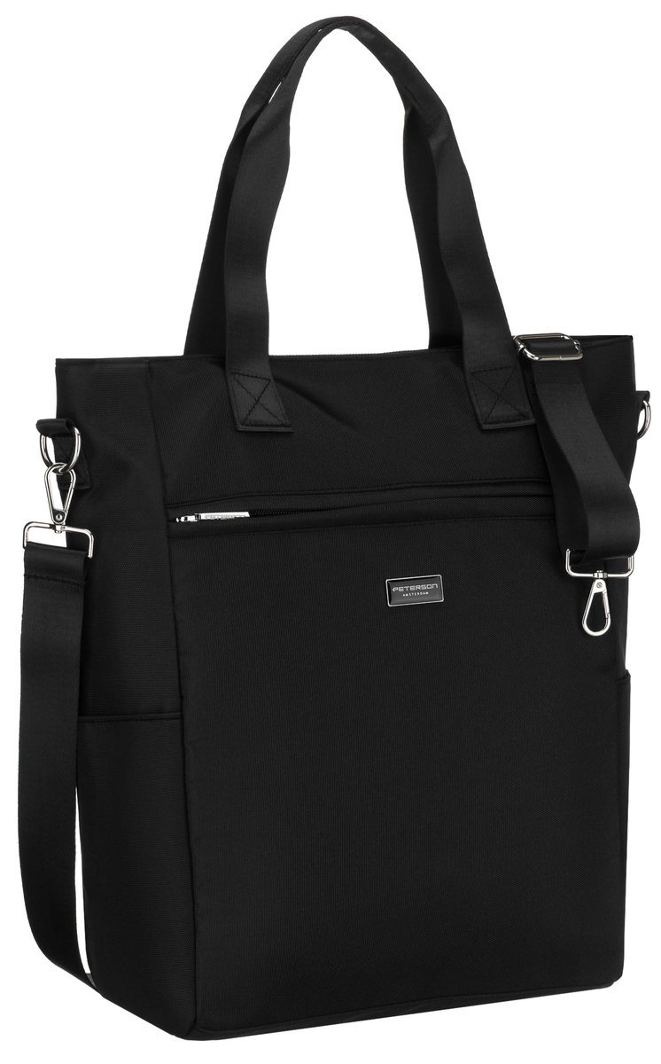 Czarna torebka damska PETERSON shopper bag do ręki lub na ramię duża na suwak kieszonki modna miejska pojemna